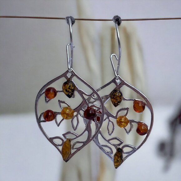 Sterling Silver 925 Amber Leaf Design Drop Dangle Earrings With 6 Amber Stones - Picture 3 of 9